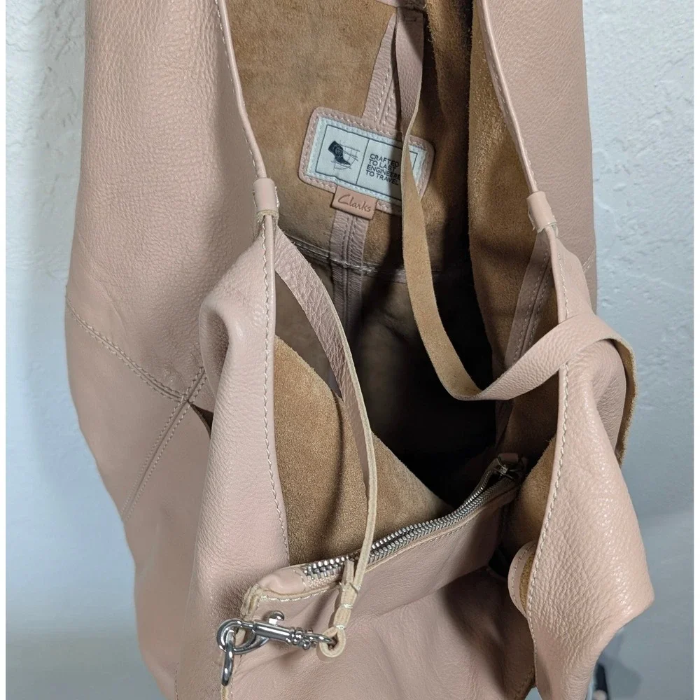 Clarks Pink Pebbled Leather Hobo Bag Slouchy Tote with Removable Pouch 26134275